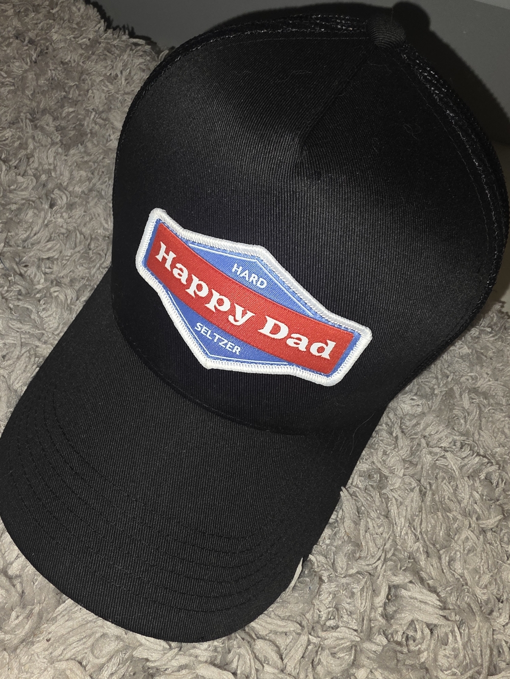 Happy Dad Black Trucker Hat with Red & Blue Patch